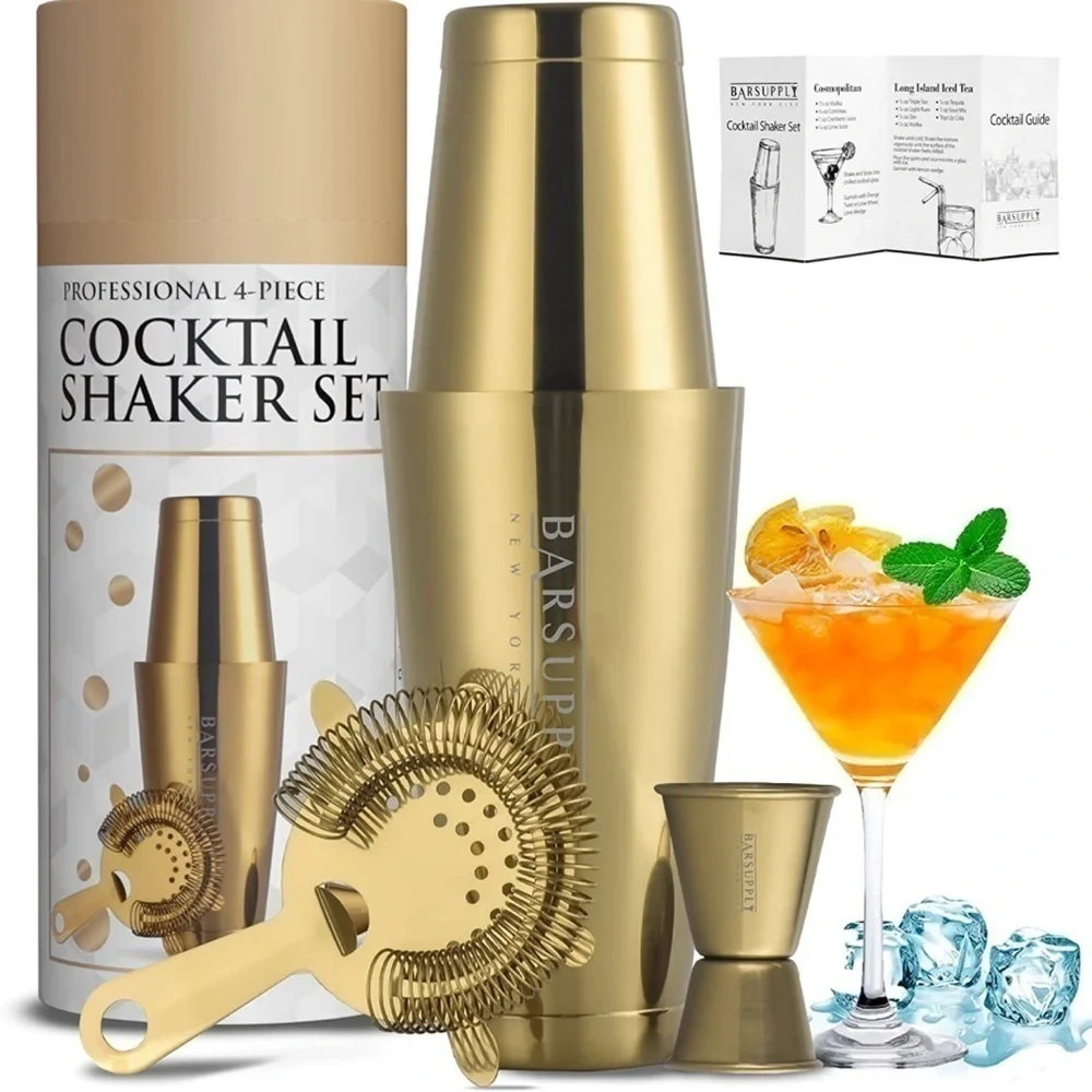 Brand New Professional Boston Cocktail Shaker Set 4-Piece Stainless Steel Gold